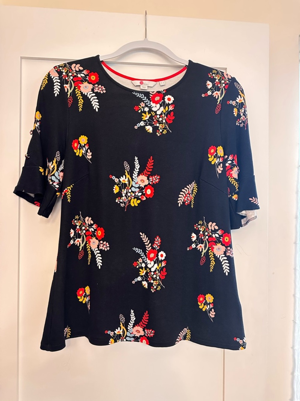Boden Black Floral Short-Sleeve Blouse with Red & Yellow Accents